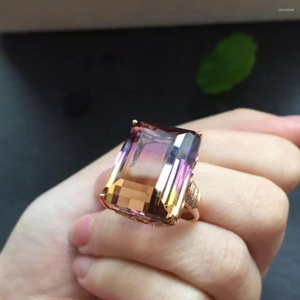 Bagues de cluster Fine Bijoux Véritable 18K Or Rose Au750 Rectangle Naturel Ametrine Gemstone Bijoux Bague De Mariage Pour Femmes Cadeau