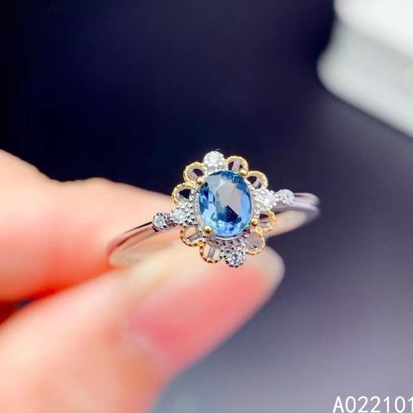 Cluster anneaux fine bijoux S925 argent sterling incrusté de topaze bleu naturel test noble ring de support de soutien chinois avec boîte