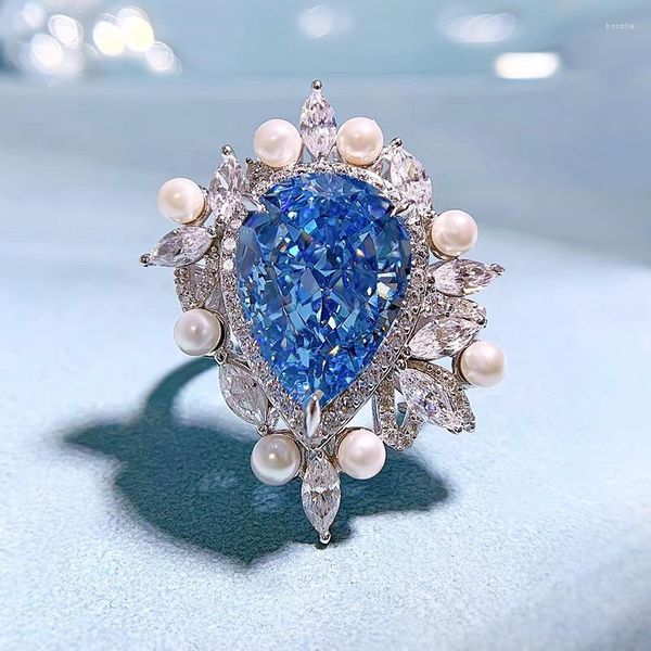 Cluster Rings Fine Jewelry925 Sterling Silver Blue Pear Cut Cubic Zirconia CZ Fashion Anniversaire Anneau Pour Les Femmes