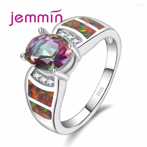 Bagues de cluster Fine Juxury Rainbow Fire Opal Bague pour femmes Engagement S925 Sterling Argent 6 Micro Clear White Crystal Bijoux avec Bi