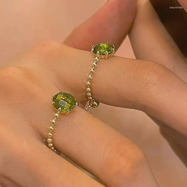 Anillos de racimo Anillo de dedo 925 Plata esterlina Verde Zircon Mujeres Adjuatable 2024Tendencia Joyería Moda Cadena de cuentas de oro