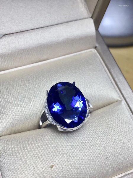 Anillos de racimo Anillo de dedo Topacio azul real natural Plata de ley 925 Ventas al por mayor para hombres o mujeres Gema: 12 16 mm