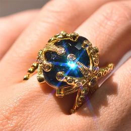 Bagues de cluster Fishion 14k Gold Couleur Sapphire Gemstone Bague pour femmes Peacock Blue Topaz Stone Dainty 925 Bijoux Anniversaire Cadeau Maman