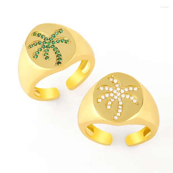 Anillos de racimo FLOLA Cobre CZ Verde Blanco Anillo de árbol de coco Chapado en oro Declaración abierta para mujeres niña Regalo de joyería al por mayor Rigj91