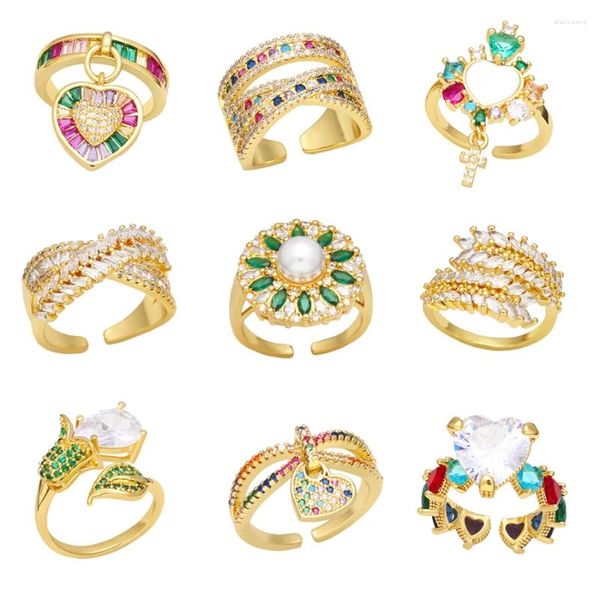 Anillos de racimo FLOLA Luxury Big CZ Crystal para mujeres Cobre Chapado en oro Declaración Arco iris Joyería Regalos Anillos Rigr20