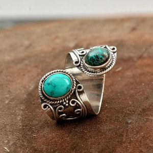 Bagues de cluster Floral en relief Turquoise Pouce Bague en spirale Décembre Pierre de naissance réglable Curvy Pierre naturelle Boho Bohême Bijoux Bleu