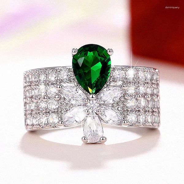 Bagues de cluster Fleur Cubique Zircone Ronde Pour Femmes Vert Gouttelette Bijoux Accessoires D'été De Mariage Cadeau De Luxe Rétro Élégant