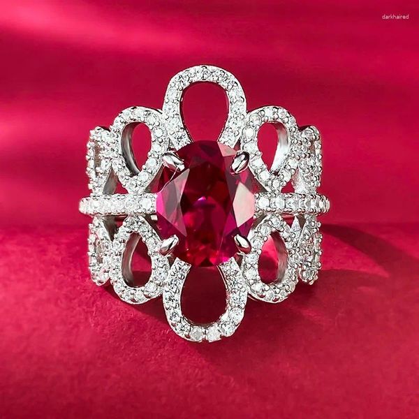 Anillos de racimo Flor Ruby Diamond Ring Real 925 Sterling Silver Party Banda de boda para mujeres Joyería de compromiso nupcial