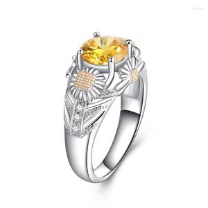 Bagues Cluster Fleur Zircon Bague Fiançailles Plaqué Or Découpe Tournesol Dame