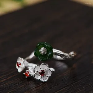 Clusterringen FNJ 925 Silver Natural Jade Ring Origineel Pure S925 Sterling voor vrouwen sieraden Open verstelbare bloem rood zirkon