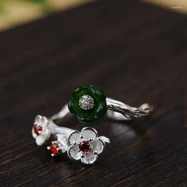 Cluster anneaux fnj 925 argent anneau de jade naturel original pure s925 sterling pour femmes bijoux ouverts fleur ajusté zircon rouge