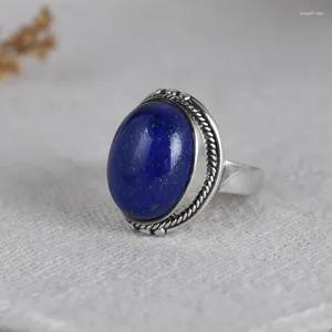 Bagues de cluster FNJ 925 Bague en argent pour femmes Bijoux Original Pure S925 Sterling Lapis Lazuli Pierre bleue naturelle