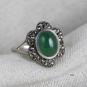 Clusterringen FNJ 925 Zilveren ring voor vrouwen sieraden Origineel pure S925 Sterling Green Agate Stone Marcasite