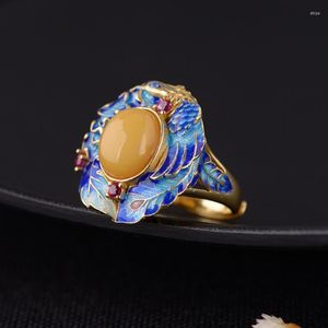 Clusterringen FNJ Emaille Peacock Amber Ring 925 Zilver verstelbare maat Originele echte S925 Solid For Women Sieraden