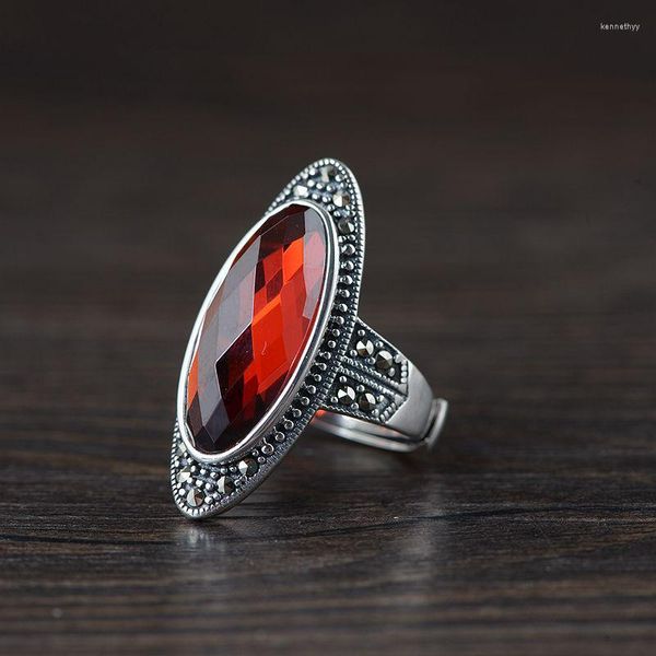 Anillos de racimo FNJ MARCASITE anillo 925 plata ajustable Original S925 sólido para mujer joyería circón rojo piedra negro verde ágata