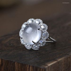 Cluster Ringen FNJ Natuurlijke Albite Jade 925 Zilveren Echte Originele S925 Solid Prue Ring Voor Vrouwen Sieraden Bloem