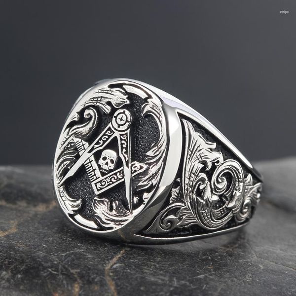 Anillos de racimo Masón Calavera y huesos Sello Mano masónica Anillo de plata esterlina