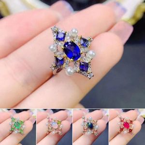 Bagues de cluster FS Natural Emerald / Saphir / Ruby / Opal Ring Real S925 Sterling Silver Fashion Fine Mariages Charme Bijoux pour femmes MeiBaPJ