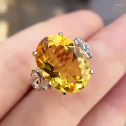 Anneaux de cluster FS Real S925 Sterling Silver Haute Qualité Citrine Grand Bague de particules elliptiques Mode Fine Bijoux de mariage pour les femmes