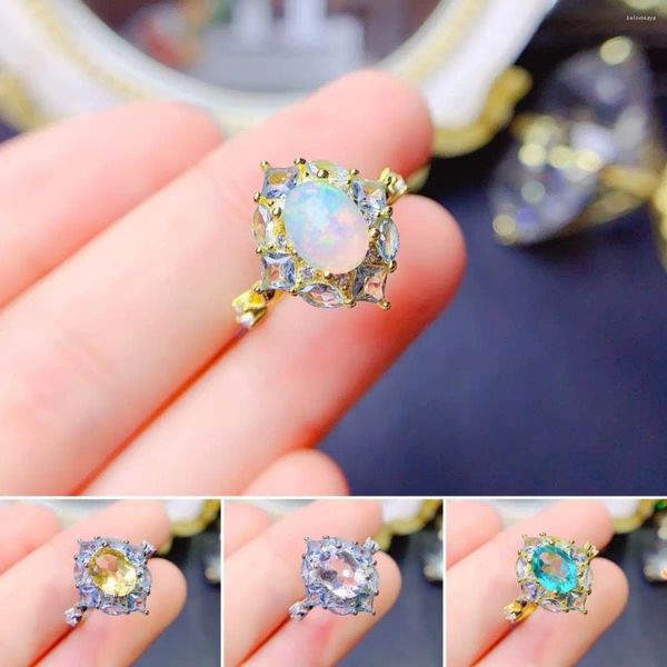 Anillos de racimo FS S925 STERLING SILE OPAL NATURAL/Citrine/topacio Anillo ajustable para mujeres con certificado Joyería de boda Fine Charm