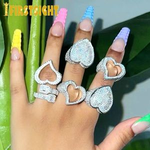 Cluster Rings Full Iced Out Bling Hollow Heart Ring Or Argent Couleur 5A CZ Micro Pave Cubic Zircon Anneaux Hip Hop Punk Hommes Femmes Bijoux 230419