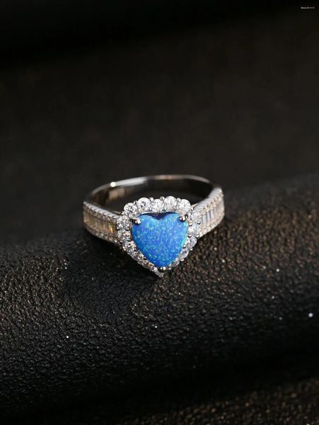 Anillos de racimo Full Zircon Anillo de plata puro 925 para mujer con forma de corazón Ópalo azul Estilo romántico dulce para parejas que datan usando