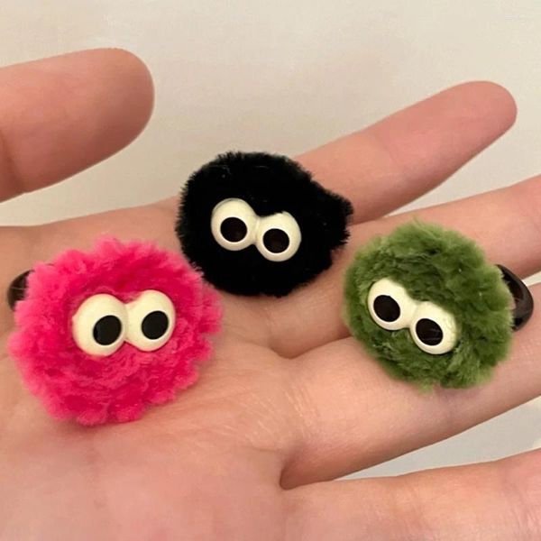 Anillos de racimo divertido muñeca esponjosa ojos grandes invierno para mujeres lindo dibujos animados bola de peluche anillo de dedo moda creativa niñas joyería abierta