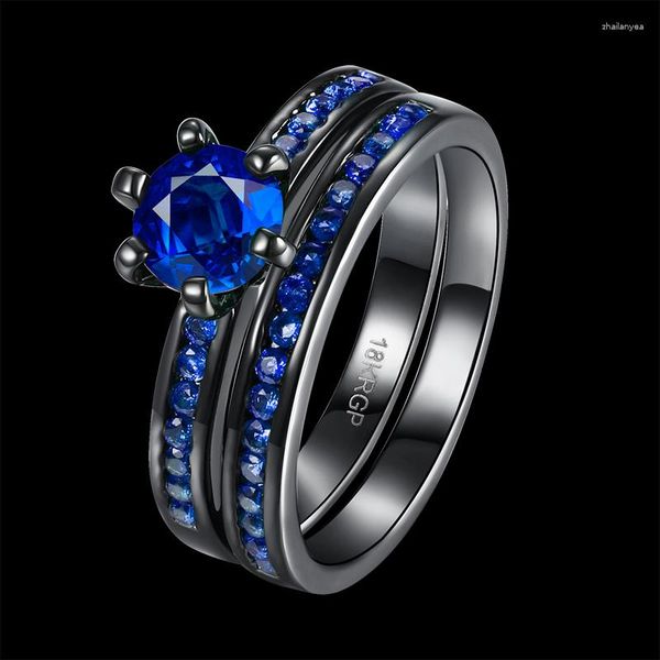 Bagues de Grappe Garilina Bijoux de Conception Individuelle Ensemble de Femmes Zircon Cubique Bleu Profond Pour Femmes/Hommes Noir Bague Plaqué Pistolet Taille 6 7