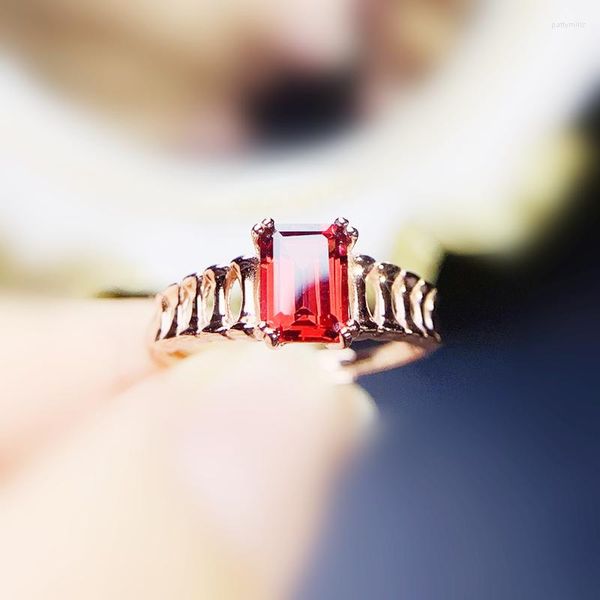 Cluster anneaux grenat rectangle anneau naturel réel rouge par bijoux 5 7 mm 1.2ct pierre de pierre précieuse 925 argent sterling fin J22691
