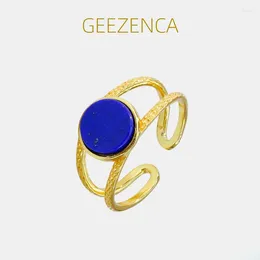 Cluster ringen Geezenca S925 Silver Hollow Round Natural Lapis Lazuli Open Ring For Women 18K Golden Blue Stone Simple Chic 2024 Gift