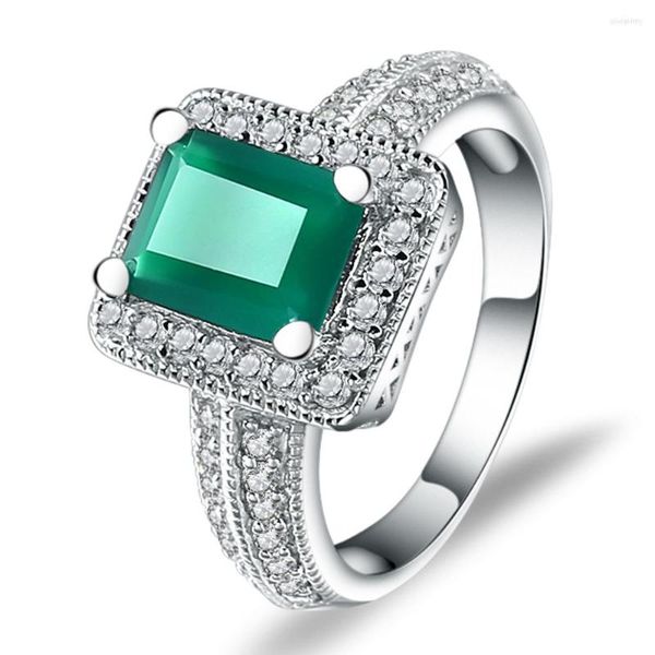 Anillos de racimo Gem's Ballet 2.05Ct Anillo de ágata verde natural de corte esmeralda 925 Piedra preciosa de plata esterlina Vintage para mujer Joyería fina