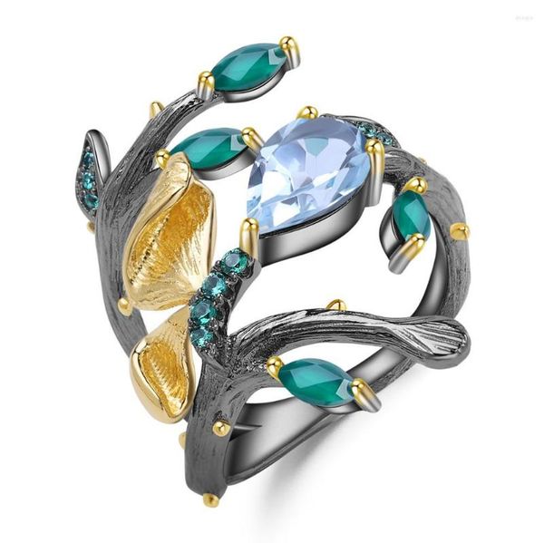 Bagues de Grappe GEM'S BALLET 2.29Ct Bague Topaze Bleu Ciel Naturel 925 Argent Sterling Original Papillon Branche Printemps Pour Femmes Bijoux