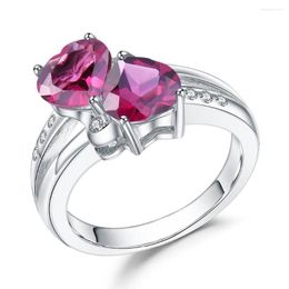 Clusterringen Gem's Ballet 2.94CT Natural Rhodolite Garnet Double Hearts of Love Ring 925 Sterling Silver Betrokkenheid voor vrouwelijke sieraden