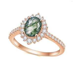 Bagues en grappe GEM'S BALLET Bague en argent pour femme 1.19CT 6X8mm Oval Cut Pave Moss Agate Engagement In 925 Sterling