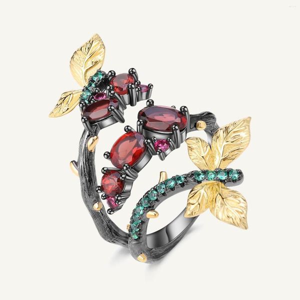 Anillos de clúster's Gem's Ballet 1.81CT Natural Garnet Branch Mariposa para joyas para mujeres 925 STERLING Silver Original ABIERTABLE ANILLO AJUSTABLE