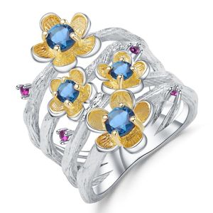 Clusterringen Gem's Ballet 925 Sterling Silver Handmade Jewelry 0.96ct Natural London Blue Topaz Ring Peach Blossom Bloem voor Womenclus