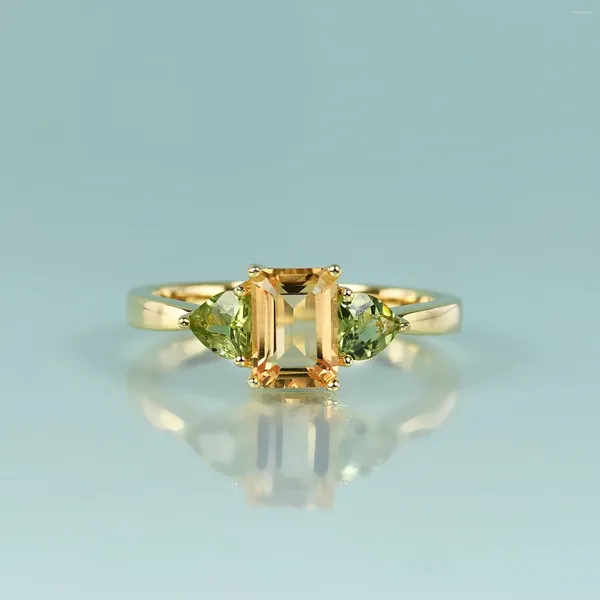 Cluster Anneaux Gem's Beauty 14K Gold rempli 925 Silver Natural Emerald Cut Citrine For Women Petite Cœur à trois pierres Péridot DIY