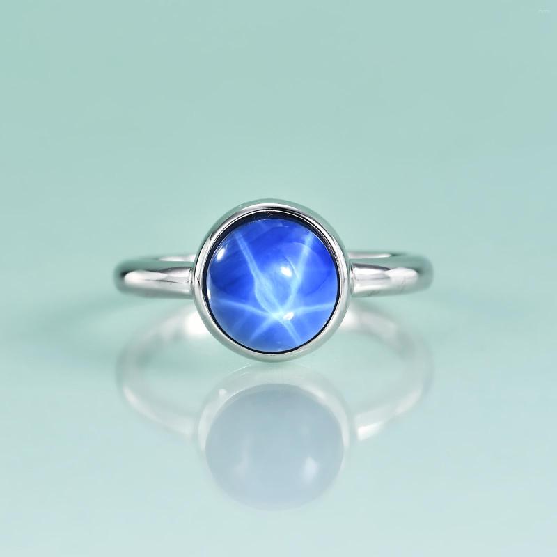 Anéis de cluster Gem's Beauty 925 Sterling Silver Solitaire Round Bezel Setting Lab Star Sapphire Anel para Mulheres Simples Fine Jewelry