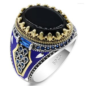 Clusterringen Echte 925 Sterling Silver Men Ring met zwarte agaat Stone Blue Email Male Crown Vintage Turkse handgemaakte sieradencadeau