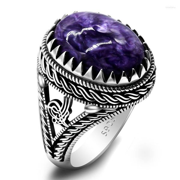 Cluster Rings Véritable 925 Sterling Silver Men's Ring Black Natural High Gemstone Jewelry Vintage Gift Ladies Turkish Purple Dragon Stone
