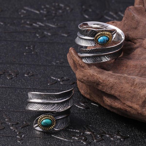 Anillos de racimo Anillo de pluma de turquesa azul con incrustaciones de plata de ley 925 genuina Joyería retro ajustable de viento nacional para hombres y mujeres