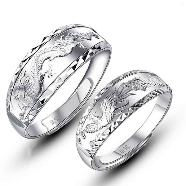 Cluster Rings Véritable 999 Pur Argent Hommes Et Femmes Véritable Anneau Dragon Phoenix Couple Cadeau Ouvert