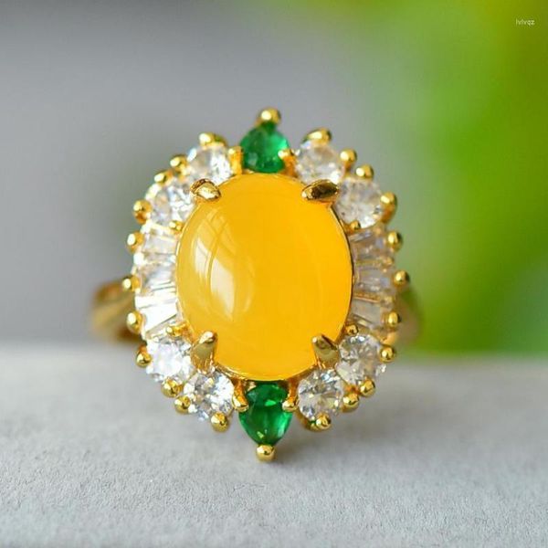 Bagues de Grappe Véritable Ambre Baltique Anneau Femmes Guérison Pierres Précieuses Fine Jewelry Naturel Jaune Ambre Zircon Émeraude De Luxe Réglable