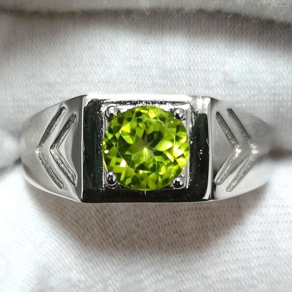 Bagues de grappe véritable péridot vert hommes bague 925 bande d'argent 7.5mm cristal août pierre de naissance cadeau bonne chance R513GPN