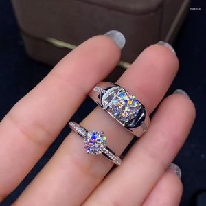 Cluster Anneaux Véritable Moissanite 1ct 2ct Couple Bague Pour Homme Femme Fiançailles En Argent Sterling 925 D Couleur VVS Cadeau De Mariage Fine Jewelry