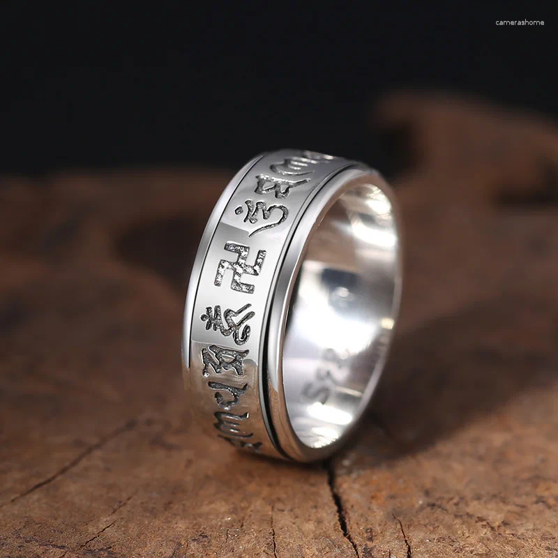 Cluster-Ringe, echter/originaler Ring aus 925er-Sterlingsilber, sechs Sutra-Mantras, drehbar, für Herren, US-Größe 8–12