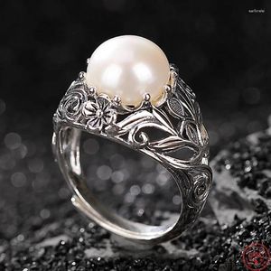 Cluster ringen echt S925 Sterling Silver voor vrouwen Fashion Round Freshwater Pearl uitgehold uit Eternal Vine Ring verstelbaar