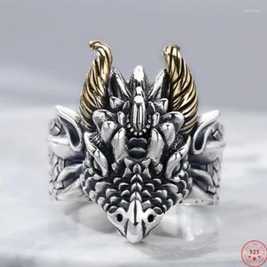 Cluster anneaux authentique S925 STERLING Silver for Women Men Fashion Vintage Golden Relief Dragon Head Punk Bijoux