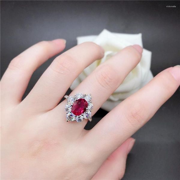 Bagues de Grappe Véritable Or Blanc Massif 18K Anneau 2CT Forme Ovale Rubis Fiançailles Femmes Amour Promise Cadeau Pierre Précieuse Naturelle Brillant Pour Toujours