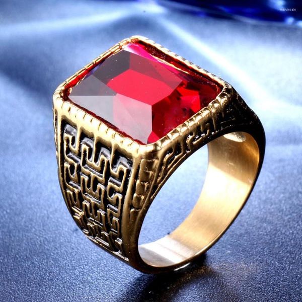 Bagues de Grappe Géométrique Sculpté Carré Rouge Noir 5A Zircon Diamants Pierres Précieuses Bague Pour Hommes 18k Or Rempli En Acier Inoxydable Bijoux Cool